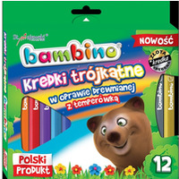 Kredki trójkątne w drewnie BAMBINO 12 kolorów z glinki kaolinowej + temperówka opak.kart.St.Majewski
