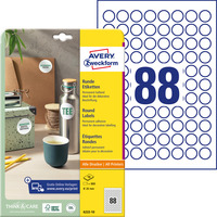 Etykiety okrge A4 10 ark. 20 mm biae trwae 6222-10 AVERY ZWECKFORM